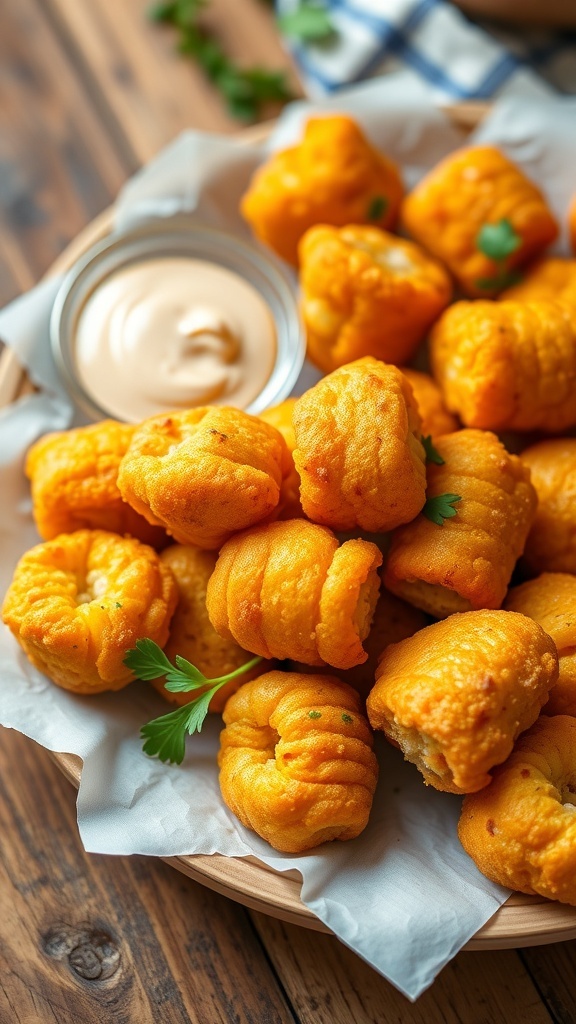 Crispy corn nuggets on a plate with dipping sauce, garnished with herbs.